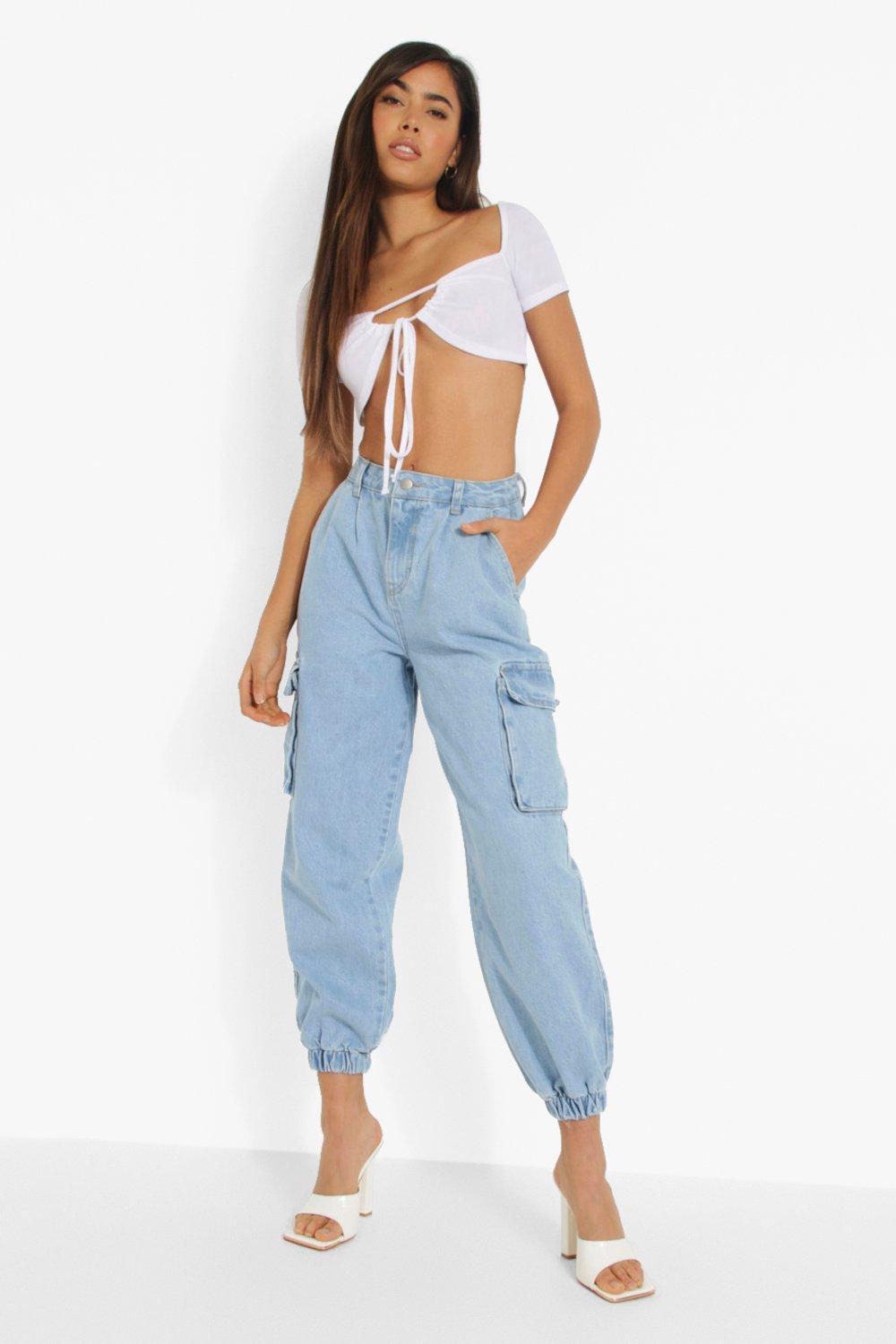 Petite Denim Elasticated Cuff Pocket Joggers boohoo IE